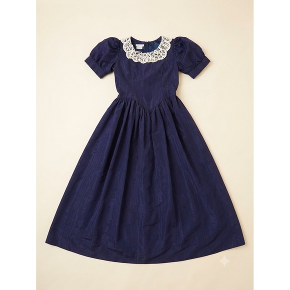 Jessica Mcclintock For Gunne Sax Other - Vintage Jessica McClintock Gunne Sax Navy Blue Lace Collar Maxi Dress 7/8 USA